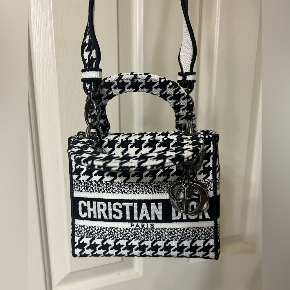 Dior Canvas Houndstooth Embroidered Mini Lady D-Lite Black White